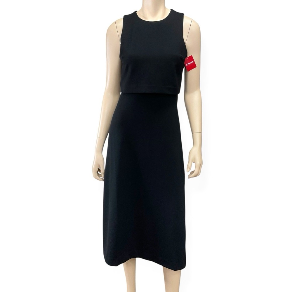 Spanx Dress Size XS Black Overlay Ponte Fitted Midi Cutout Back Sleeveless NWT